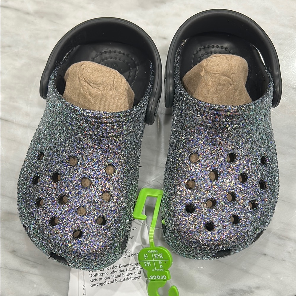 CROCS Black and Silver Glitter Slippers